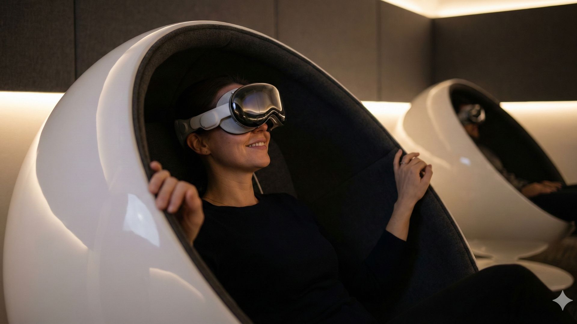 Guest in ball chair wearing Apple Vision Pro